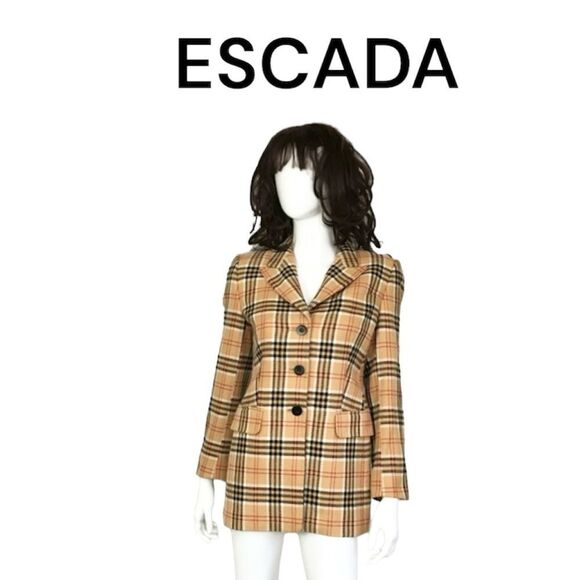 Escada Vintage 100% Cashmere Blazer Brown Plaid Preppy Three Button Coat XS